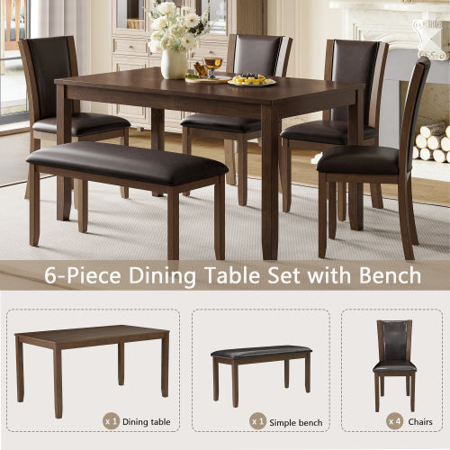 6-Piece Dining Table Set with Bench and Chairs, Wooden dining table set for 6 people, Farmhouse Rustic Style 6 Person Dining Table Set for Dining Room, Kitchen, Dark Walnut