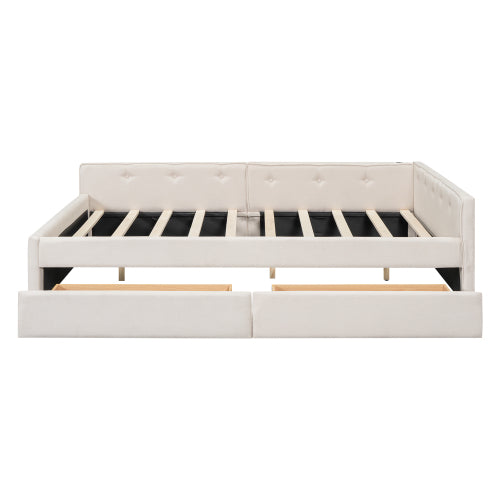 Queen Size Upholstered Platform Bed with USB and 2 Drawers, Beige