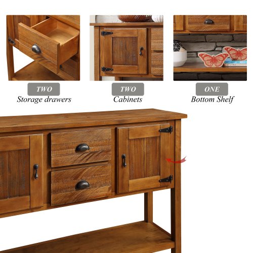 46'' Solid Wood Sideboard Console Table with 2 Drawers and Cabinets and Bottom Shelf, Retro Style Storage Dining Buffet Server Cabinet for Living Room Kitchen Dining Room(Brown)