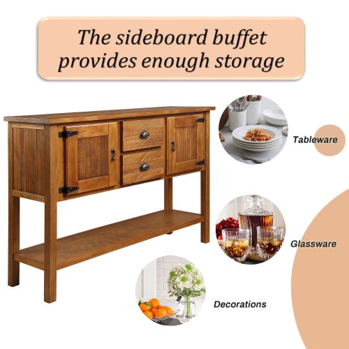 46'' Solid Wood Sideboard Console Table with 2 Drawers and Cabinets and Bottom Shelf, Retro Style Storage Dining Buffet Server Cabinet for Living Room Kitchen Dining Room(Brown)