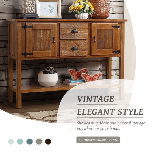 46'' Solid Wood Sideboard Console Table with 2 Drawers and Cabinets and Bottom Shelf, Retro Style Storage Dining Buffet Server Cabinet for Living Room Kitchen Dining Room(Brown)