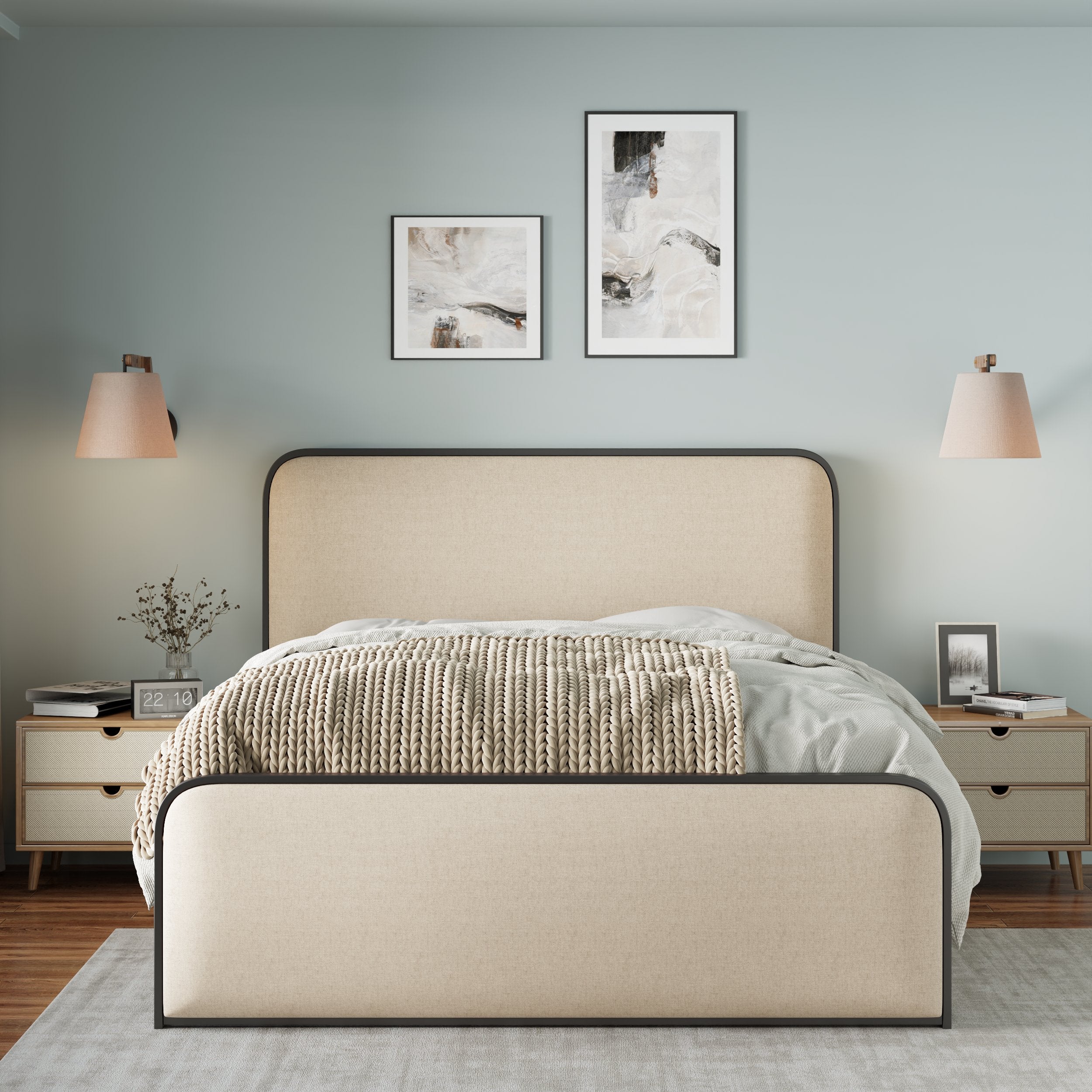Modern Metal Bed Frame with Curved Upholstered Headboard and Footboard Bed with Under Bed Storage, Heavy Duty Metal Slats, Queen Size, Beige