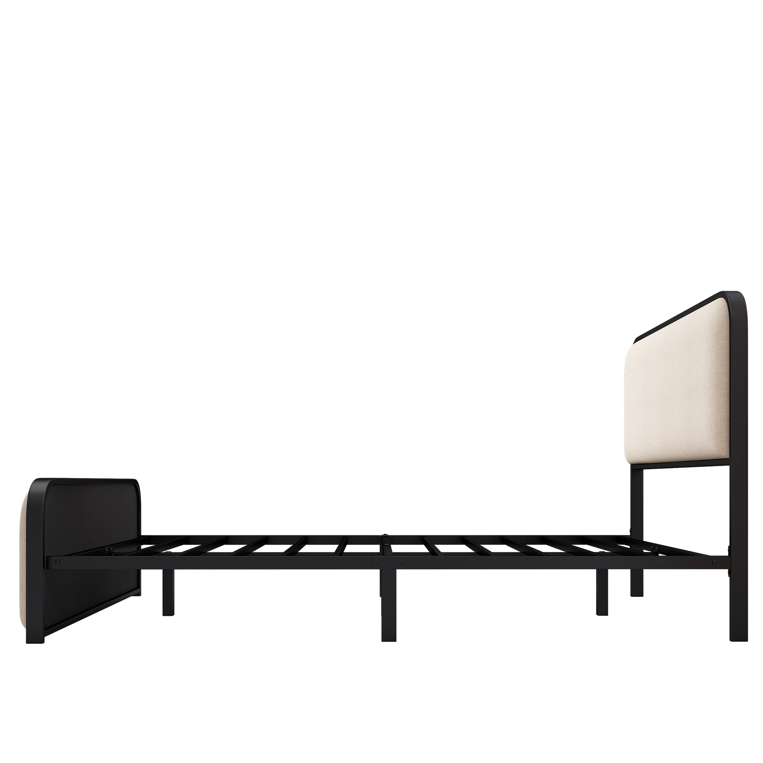 Modern Metal Bed Frame with Curved Upholstered Headboard and Footboard Bed with Under Bed Storage, Heavy Duty Metal Slats, Queen Size, Beige