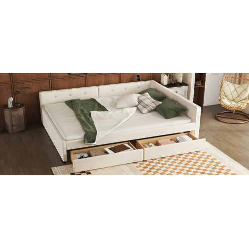 Queen Size Upholstered Platform Bed with USB and 2 Drawers, Beige