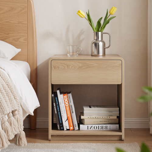 Mid-century modern bedside table set, 2 pieces, with storage drawers and open shelves, bedroom side table with rounded corners, compact bedside table set, oak color