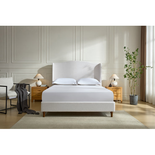 Hannah Upholstered Wingback Bed Size King / Tall 54" Headboard Upholstered King Bed / Premium Textured Canvas Chenille Look Ivory / Minimalist Designs / No Box Spring Needed / Easy Assembly / King