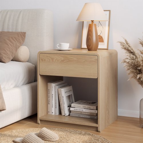 Mid-century modern bedside table set, 2 pieces, with storage drawers and open shelves, bedroom side table with rounded corners, compact bedside table set, oak color