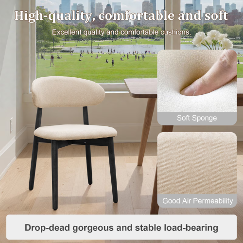 Set of 4 Beige Cotton-Linen Fabric Upholstered Dining Chair with Black Solid Wood Legs, Armless Chair for Kitchen, Restaurant, Living, Meeting Room