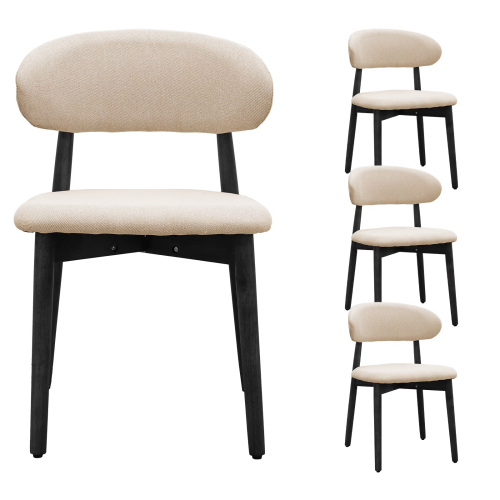 Set of 4 Beige Cotton-Linen Fabric Upholstered Dining Chair with Black Solid Wood Legs, Armless Chair for Kitchen, Restaurant, Living, Meeting Room