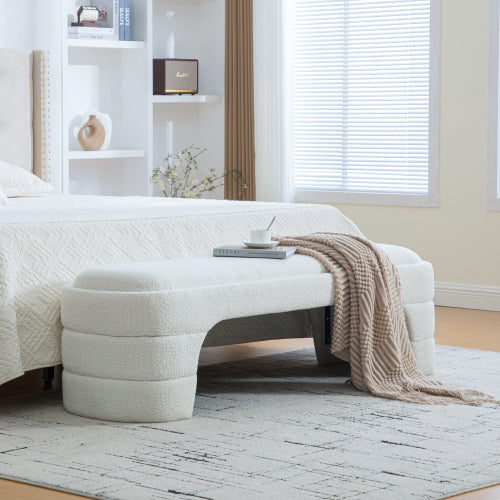 64.96"Wide Modern Upholstered Armless Upholstered Bedroom Benches End of Bed Bench for Entryway, Ottoman Foot Stool for Living Room and Bedroom, Entryway,White Boucle
