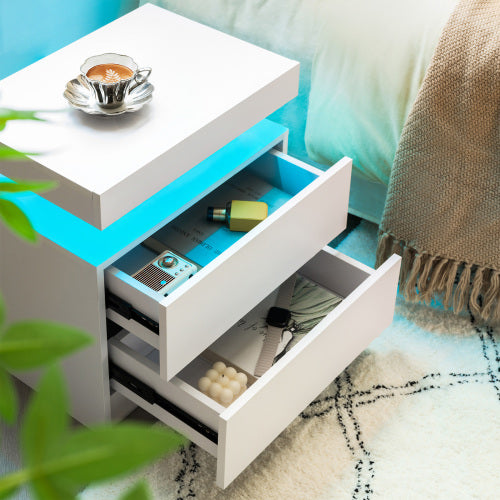 Nightstand LED Bedside Table Cabinet Lights Modern End Side with 2 Drawers for Bedroom (White)
