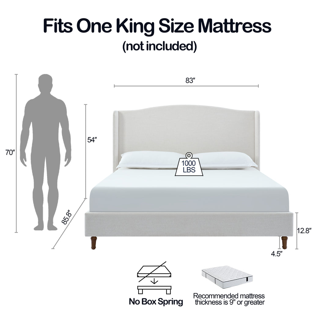 Hannah Upholstered Wingback Bed Size King / Tall 54" Headboard Upholstered King Bed / Premium Textured Canvas Chenille Look Ivory / Minimalist Designs / No Box Spring Needed / Easy Assembly / King