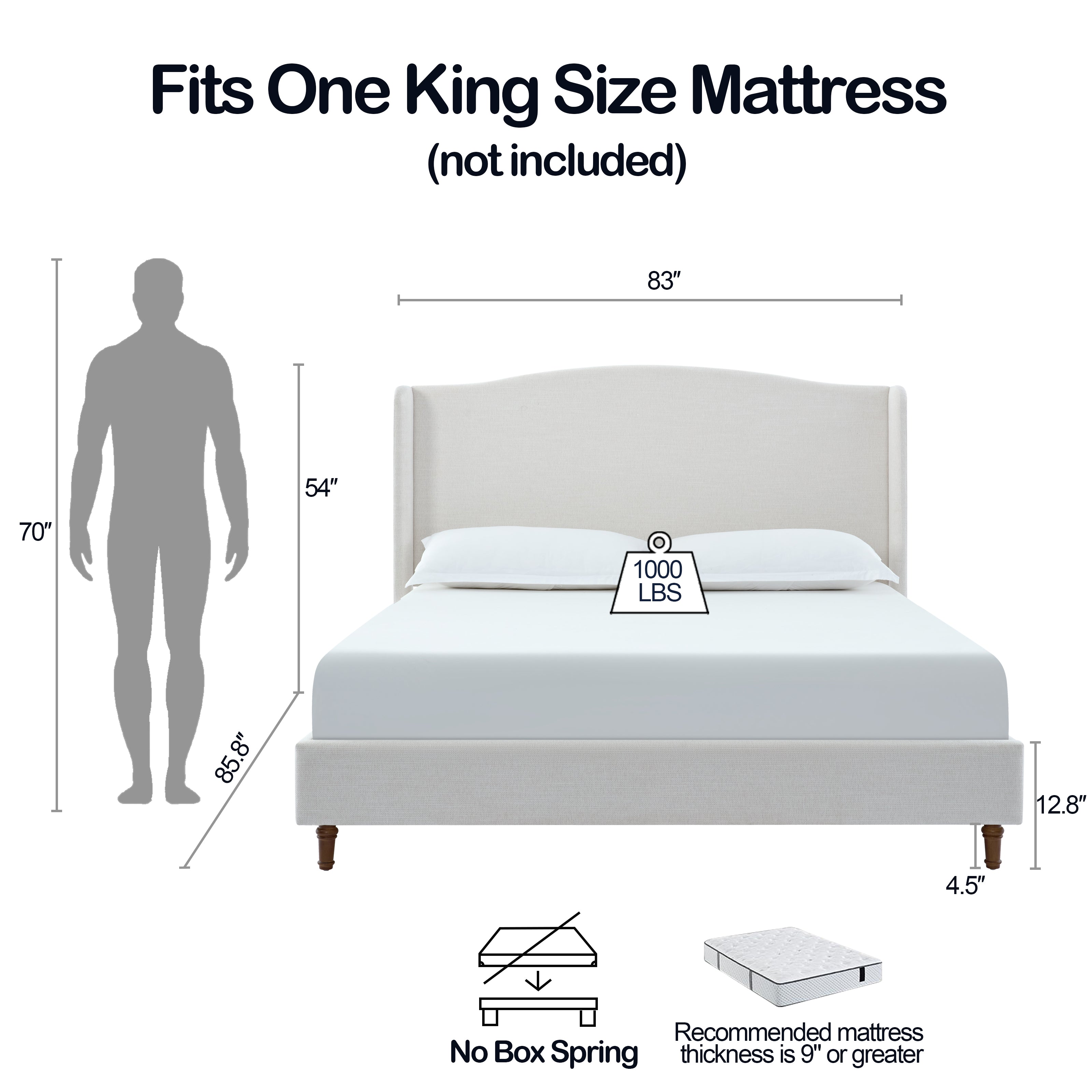 Hannah Upholstered Wingback Bed Size King / Tall 54" Headboard Upholstered King Bed / Premium Textured Canvas Chenille Look Ivory / Minimalist Designs / No Box Spring Needed / Easy Assembly / King