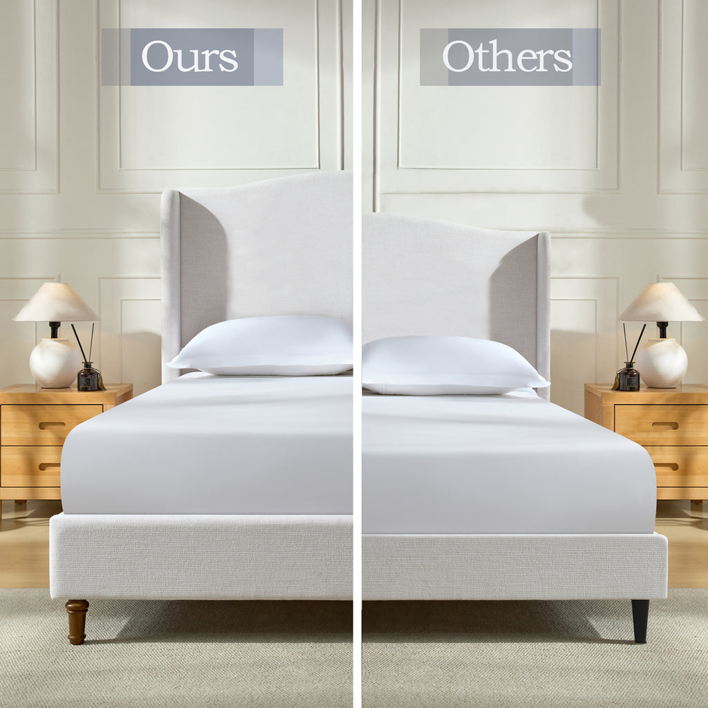 Hannah Upholstered Wingback Bed Size King / Tall 54" Headboard Upholstered King Bed / Premium Textured Canvas Chenille Look Ivory / Minimalist Designs / No Box Spring Needed / Easy Assembly / King