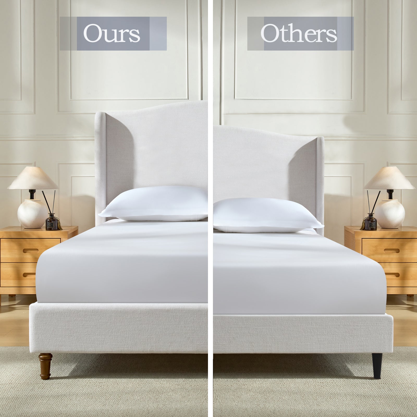 Hannah Upholstered Wingback Bed Size King / Tall 54" Headboard Upholstered King Bed / Premium Textured Canvas Chenille Look Ivory / Minimalist Designs / No Box Spring Needed / Easy Assembly / King