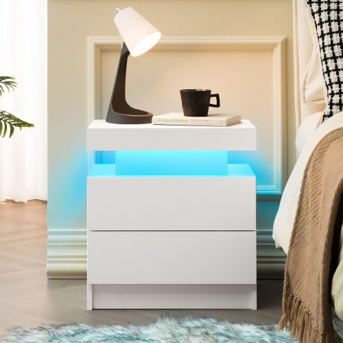 Nightstand LED Bedside Table Cabinet Lights Modern End Side with 2 Drawers for Bedroom (White)