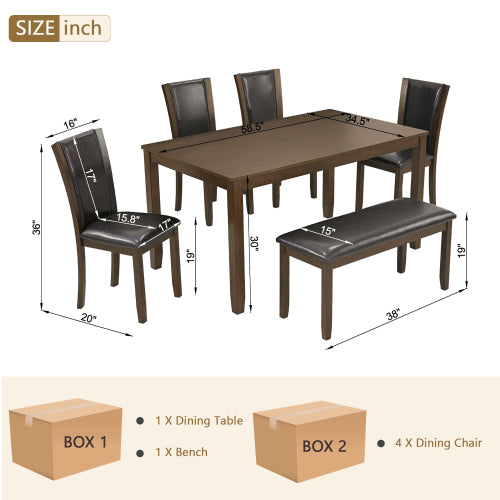 6-Piece Dining Table Set with Bench and Chairs, Wooden dining table set for 6 people, Farmhouse Rustic Style 6 Person Dining Table Set for Dining Room, Kitchen, Dark Walnut
