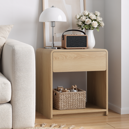 Mid-century modern bedside table set, 2 pieces, with storage drawers and open shelves, bedroom side table with rounded corners, compact bedside table set, oak color
