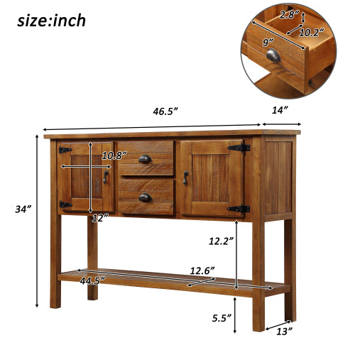 46'' Solid Wood Sideboard Console Table with 2 Drawers and Cabinets and Bottom Shelf, Retro Style Storage Dining Buffet Server Cabinet for Living Room Kitchen Dining Room(Brown)