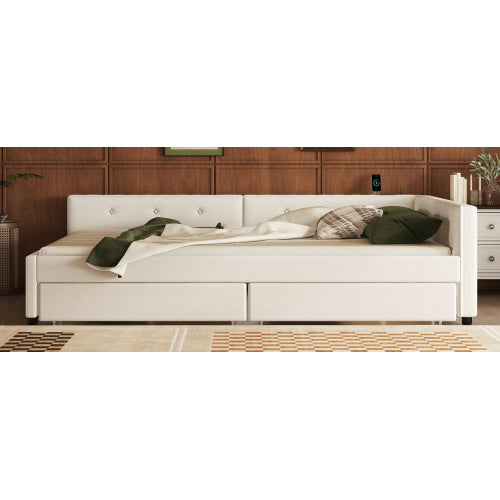 Queen Size Upholstered Platform Bed with USB and 2 Drawers, Beige
